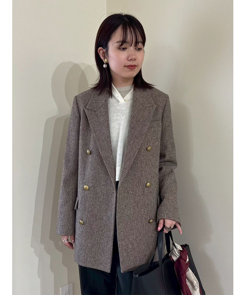 チェック金釦ダブルブレストロングブレザー