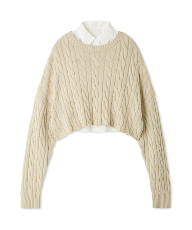 【セットアイテム】シャツレイヤードケーブル短丈ニット