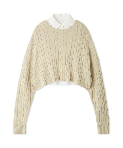 【セットアイテム】シャツレイヤードケーブル短丈ニット