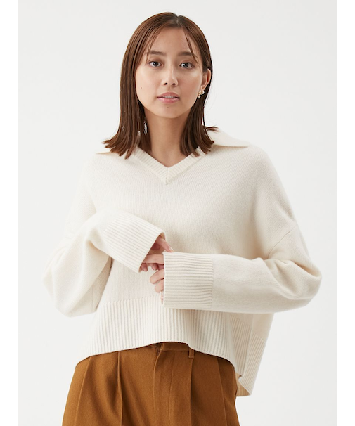 ウールカシミヤ衿付きVネックニット