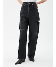 カットアウトダメージセミワイドデニムパンツ