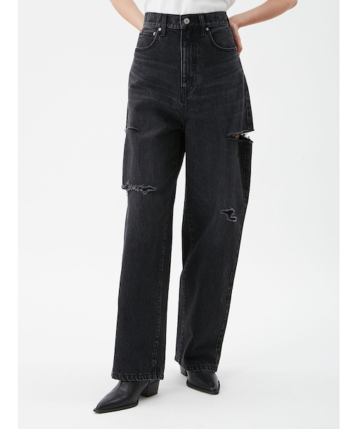 カットアウトダメージセミワイドデニムパンツ