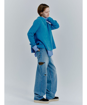 カットアウトダメージセミワイドデニムパンツ