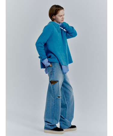 カットアウトダメージセミワイドデニムパンツ