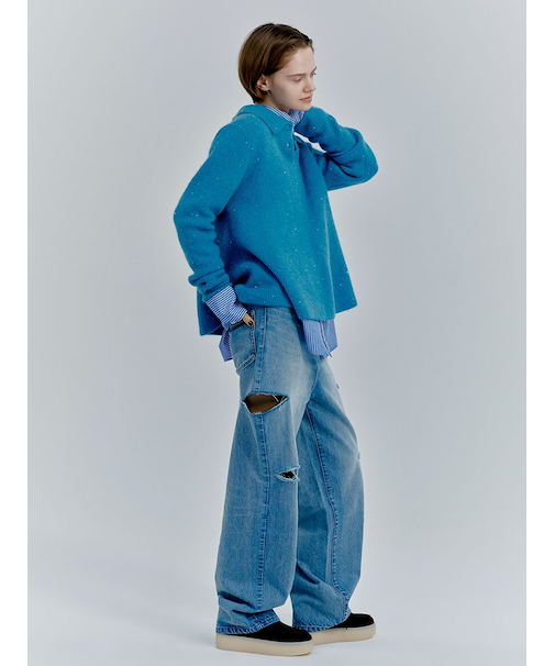 カットアウトダメージセミワイドデニムパンツ