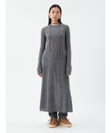 タイ付きアルパカ混シアーニットフレアワンピース