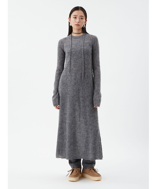 タイ付きアルパカ混シアーニットフレアワンピース