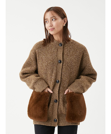 2WAYファーポケットMIXヤーンカーディガン