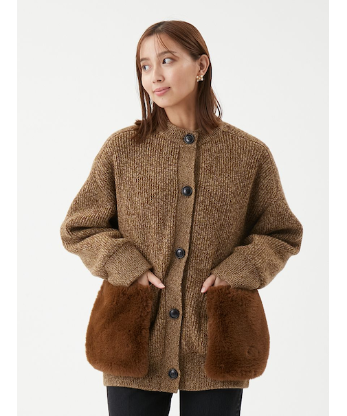 2WAYファーポケットMIXヤーンカーディガン