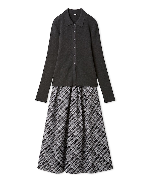 【セットアイテム】ポロ衿ニットタックフレアスカートコーデSET