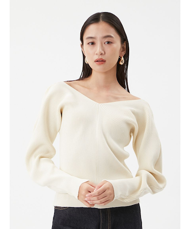 Vネックカーブスリーブリブニットトップス