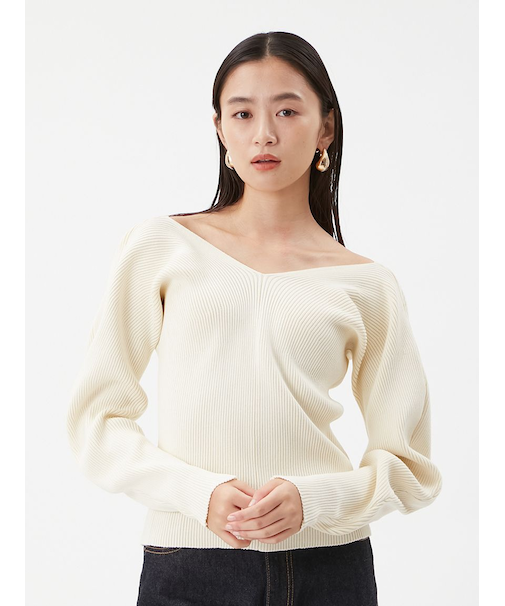 Vネックカーブスリーブリブニットトップス