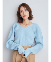 Vネックカーブスリーブリブニットトップス