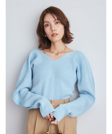 Vネックカーブスリーブリブニットトップス