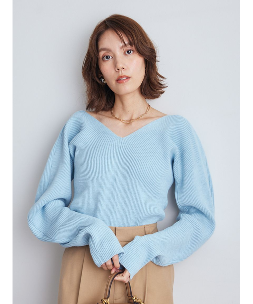 Vネックカーブスリーブリブニットトップス