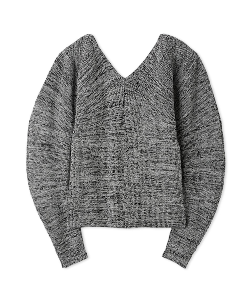 Vネックカーブスリーブリブニットトップス