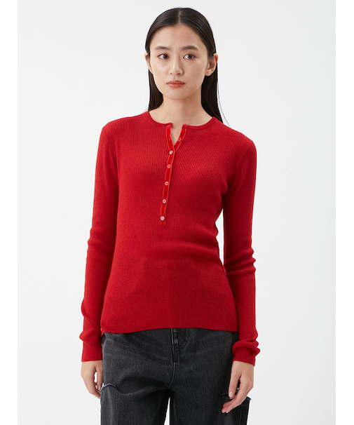 ベロアヘンリーネックリブニット