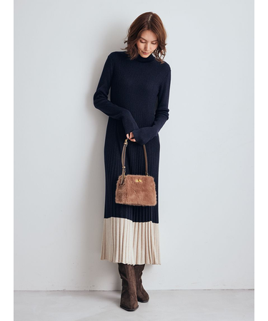 タートルネックロングリブニットワンピース