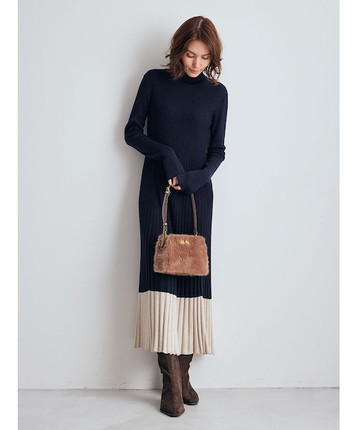 タートルネックロングリブニットワンピース