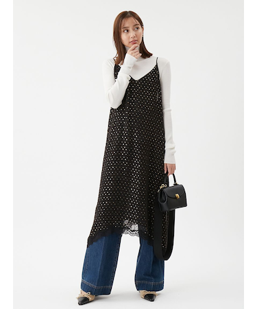 レースデザイン箔ドットキャミワンピース