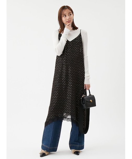 レースデザイン箔ドットキャミワンピース