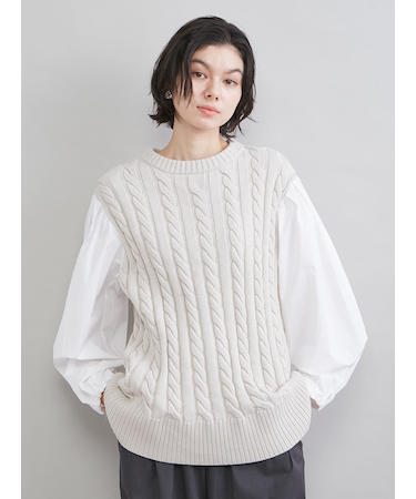 付け衿付きシャツドッキングケーブルニット