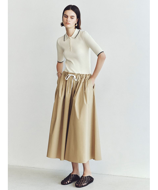 【WEB限定カラー】ポロニット×タックフレアスカートドッキングワンピース