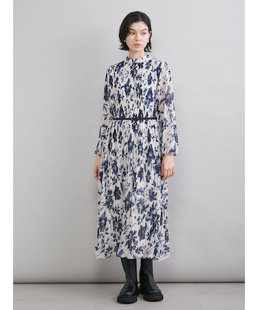 プリーツ花柄ベルト付きワンピース