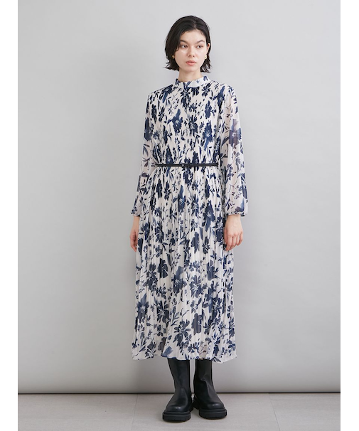 プリーツ花柄ベルト付きワンピース