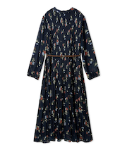 プリーツ花柄ベルト付きワンピース