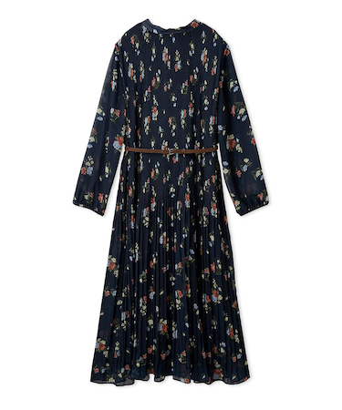 プリーツ花柄ベルト付きワンピース