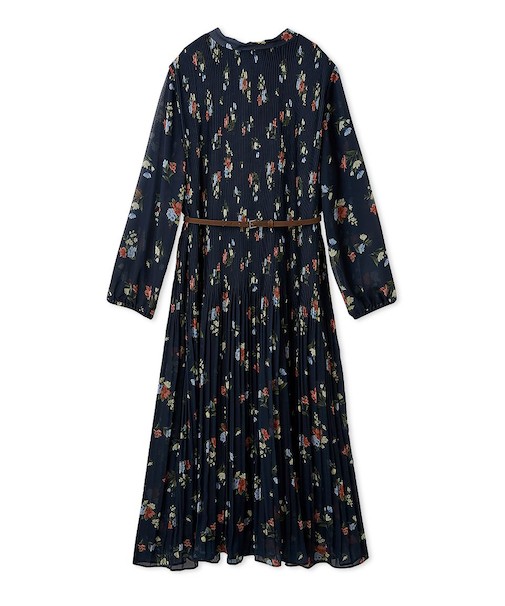 プリーツ花柄ベルト付きワンピース