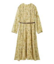 プリーツ花柄ベルト付きワンピース