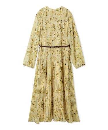 プリーツ花柄ベルト付きワンピース