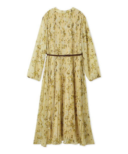 プリーツ花柄ベルト付きワンピース