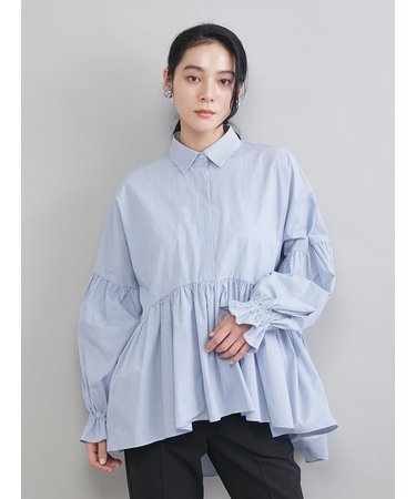 シャツ衿ギャザーチュニックブラウス