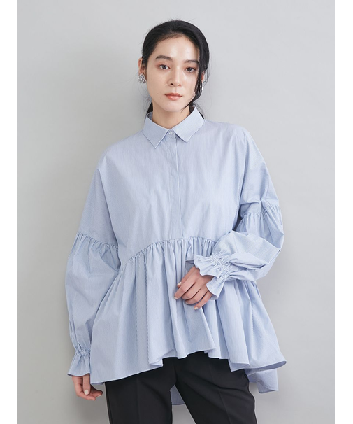 シャツ衿ギャザーチュニックブラウス