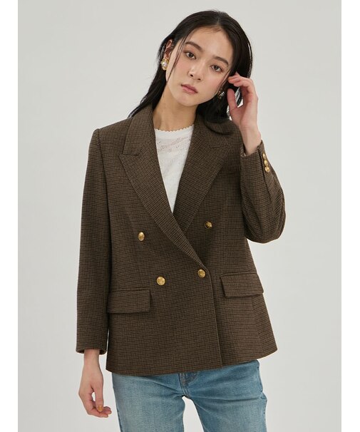 金釦ダブルブレストチェックブレザー