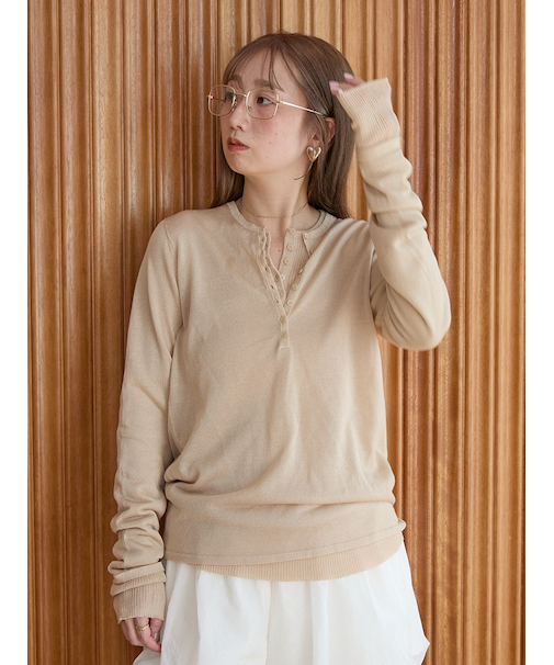 【セットアイテム】eco ヘンリーネックレイヤードニットトップス