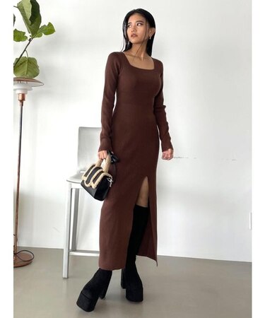 リブスリットロングワンピース