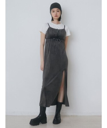 ギャザースリットベロアワンピース