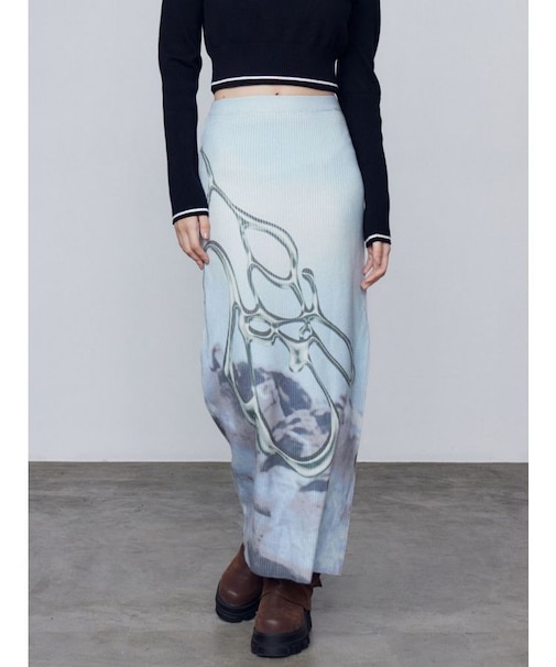 マキシプリントリブニットスカート