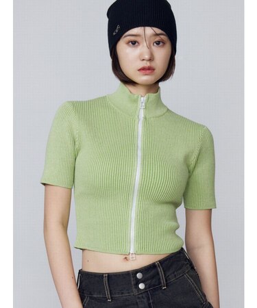 プレーティングハーフリブジップニット