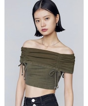 ギャザーオフショルダーリボントップ