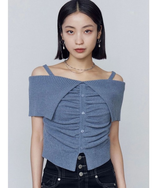 フロントボタンオフショルダーニット
