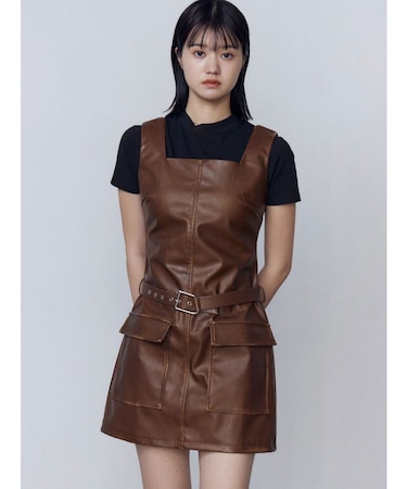 アウトポケットフェイクレザーワンピース