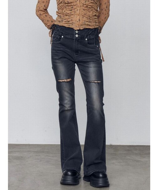 カーブレースアップハイウエストフレアパギンス