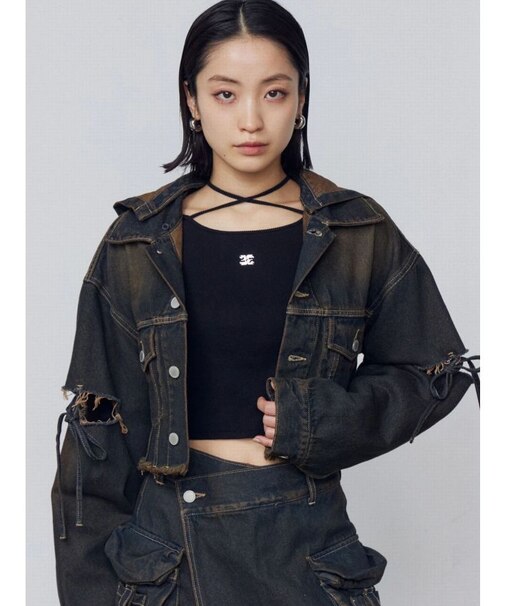 カットスリーブフードデニムブルゾン