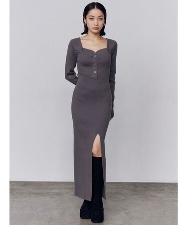 フロントボタンリブニットワンピース