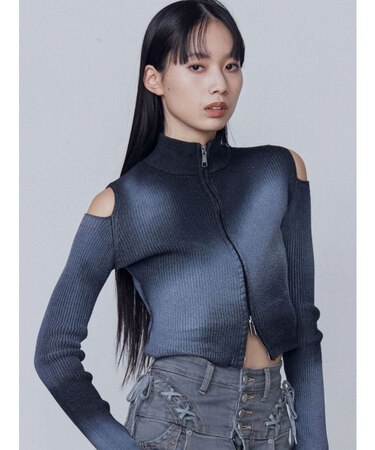 カットウォッシュドプレーティングジップニット